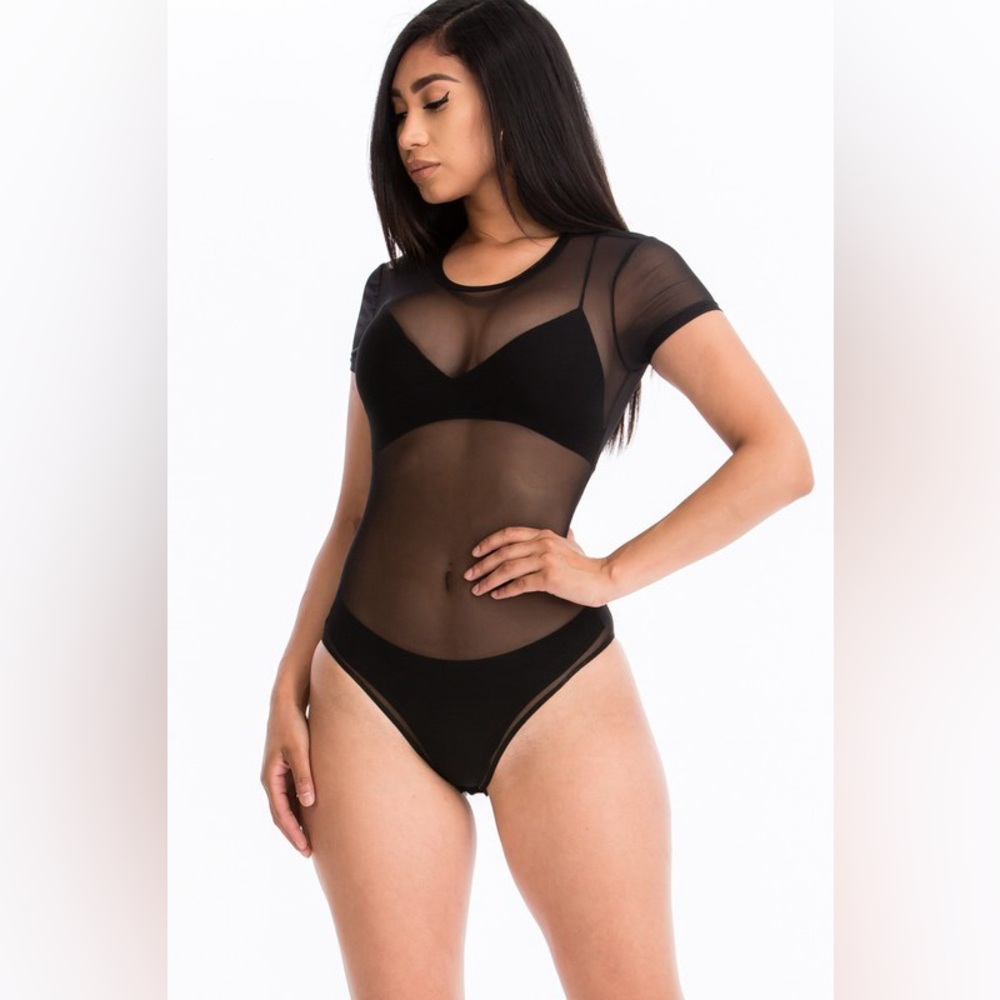 371B-BLACK. Sheer Mesh Short Sleeve Bodysuit